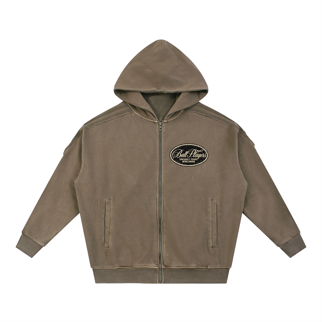 Snow Washed Tape Raw Edge Zip Hoodie