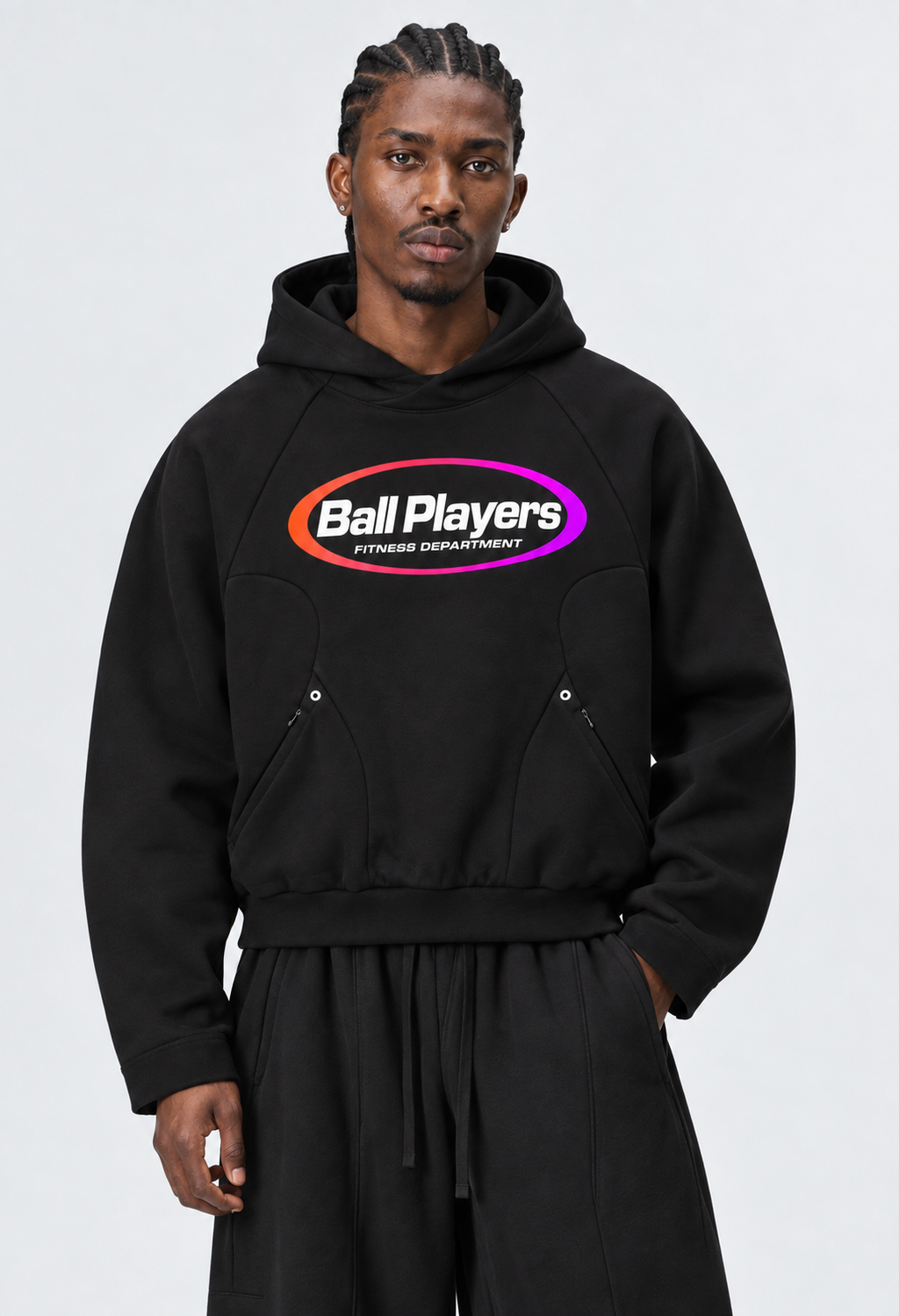 Catalog refresh 2026-09 | Primary front model view | Curved Panel Raglan Hoodie | Black