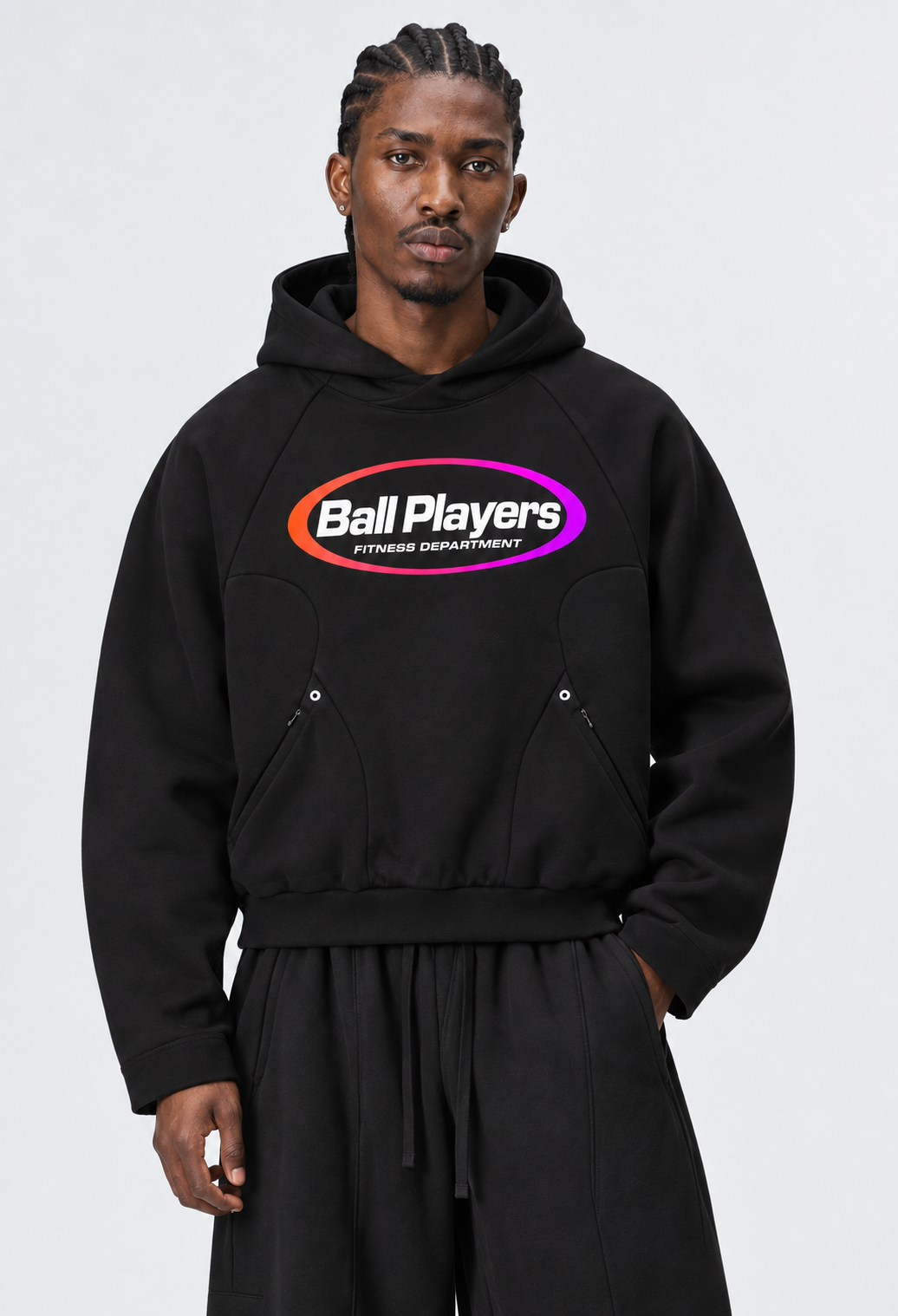 Catalog refresh 2026-09 | Primary front model view | Curved Panel Raglan Hoodie | Black