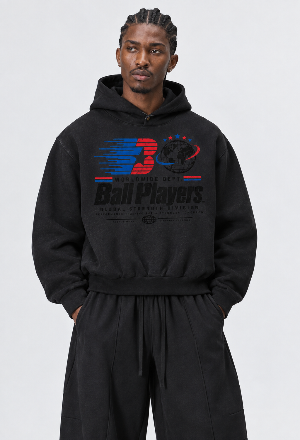 Catalog refresh 2026-09 | Primary front model view | Frayed Enzyme Washed Fleece Hoodie | Black
