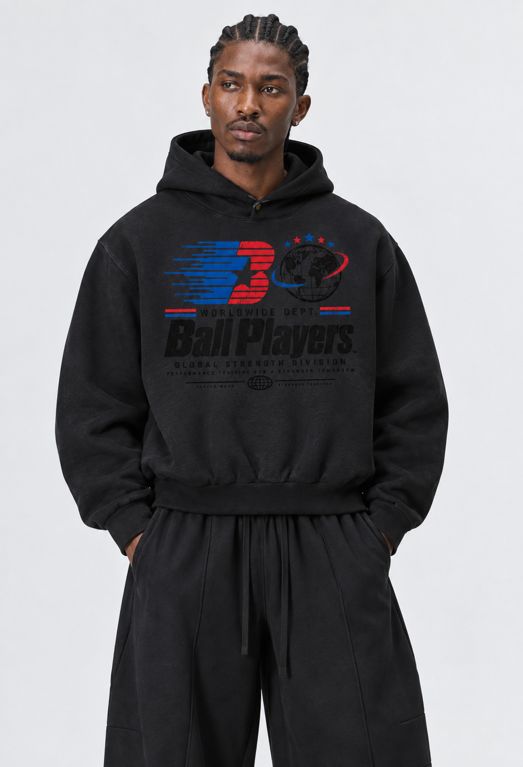 Catalog refresh 2026-09 | Primary front model view | Frayed Enzyme Washed Fleece Hoodie | Black