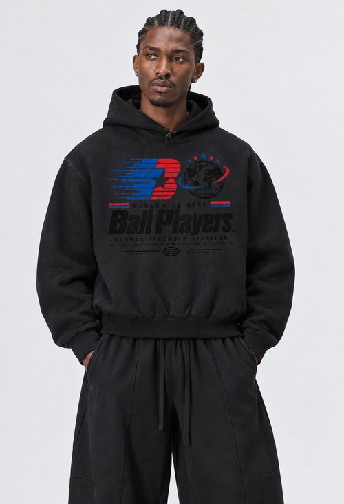 Catalog refresh 2026-09 | Primary front model view | Frayed Enzyme Washed Fleece Hoodie | Black