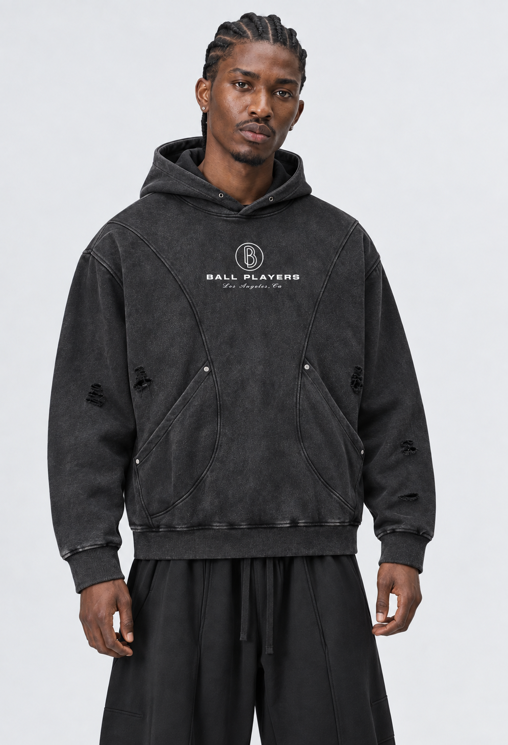 Catalog refresh 2026-09 | Primary front model view | Snow Washed Distressed Panel Pocket Hoodie | Black