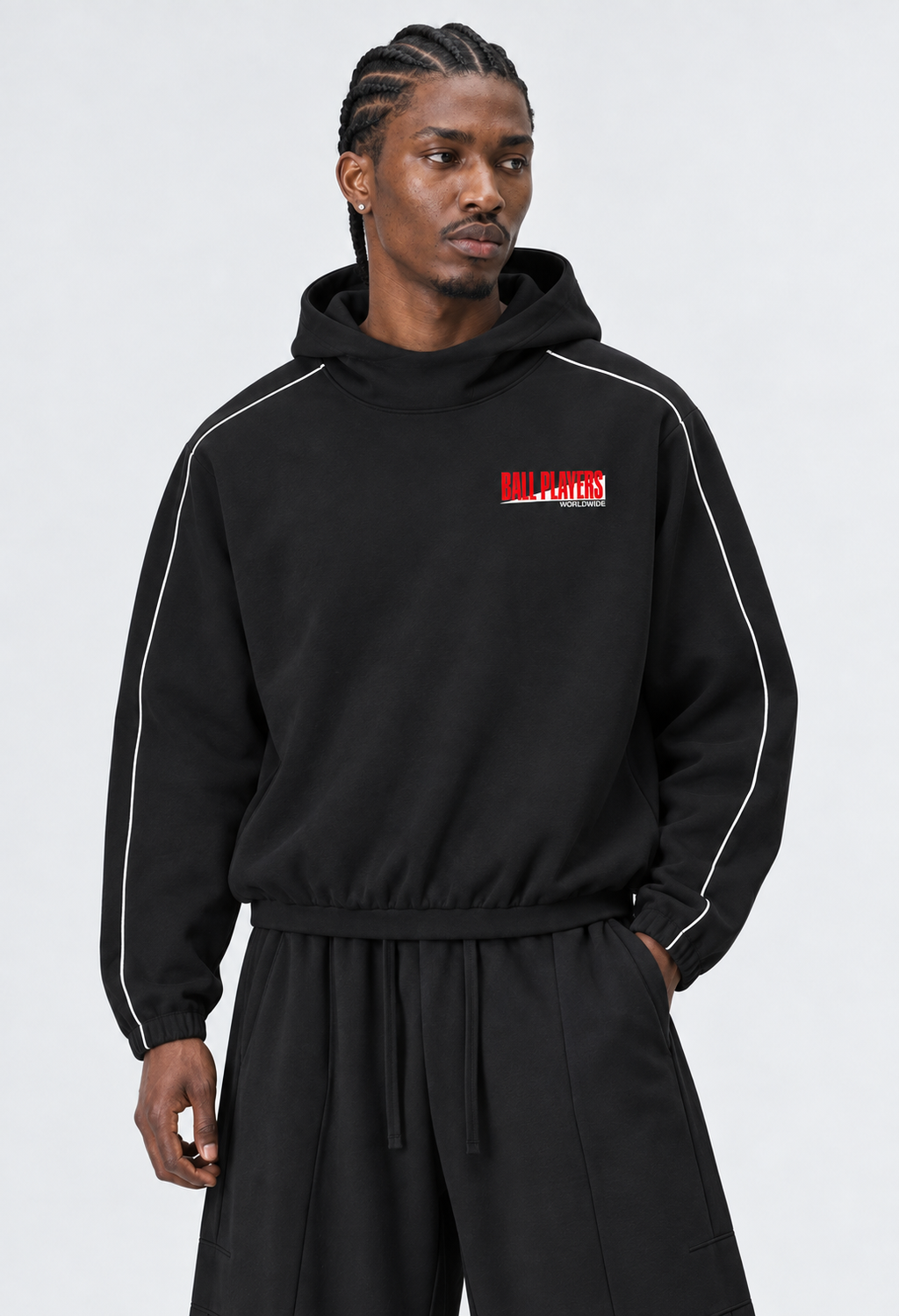 Catalog refresh 2026-09 | Primary front model view | Unisex Boxy Piping Fleece Hoodie | Black