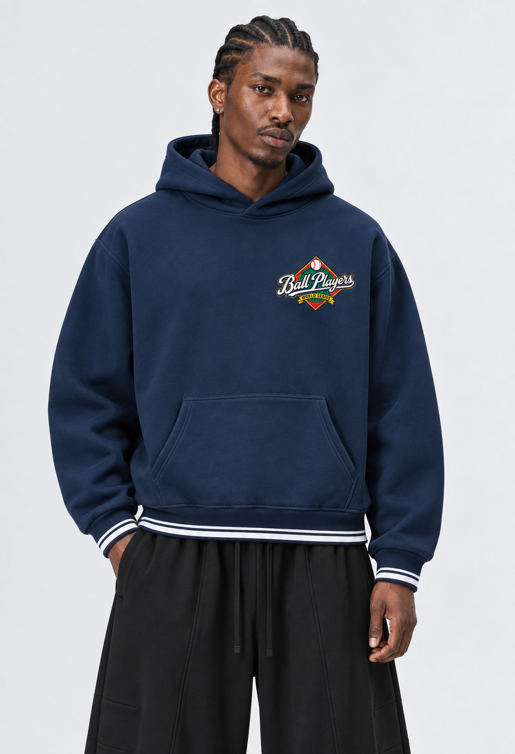 Catalog refresh 2026-09 | Primary front model view | Unisex Oversized Color Block Fleece Hoodie | Navy Blue with White