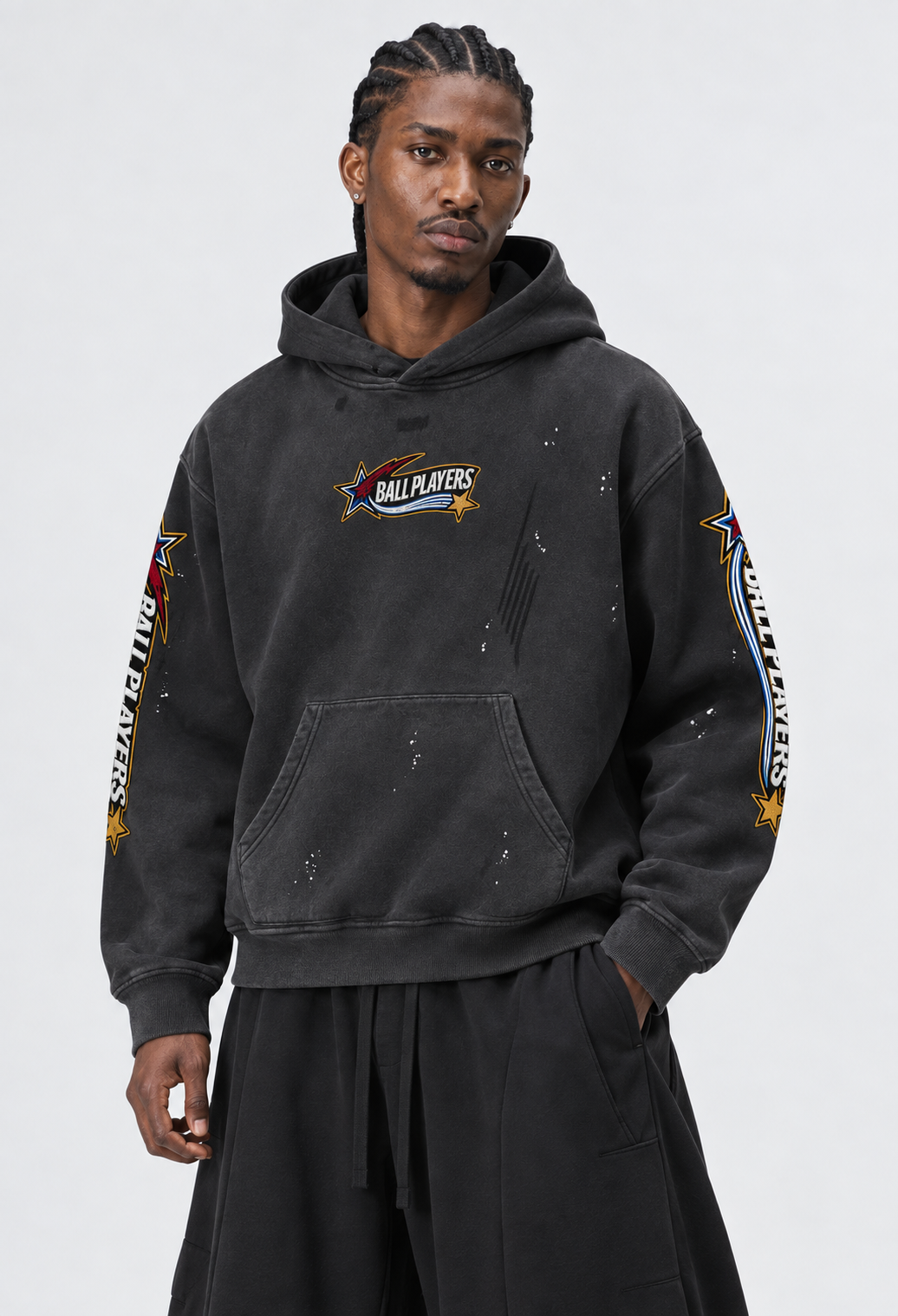 Catalog refresh 2026-09 | Primary front model view | Vintage Washed Frayed Fleece Hoodie | Black