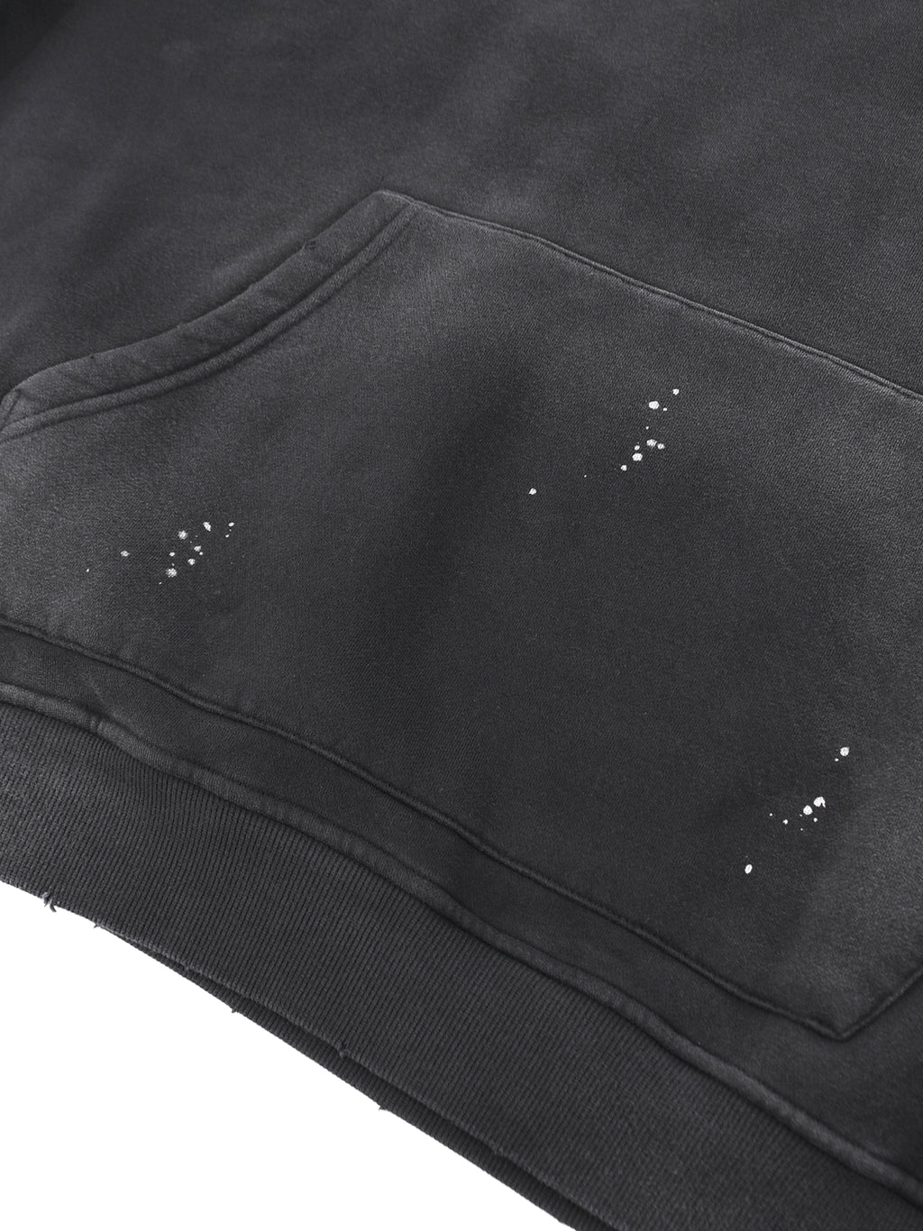 Catalog refresh 2026-09 | Fabric detail view | Vintage Washed Frayed Fleece Hoodie | Black | front pocket and hem