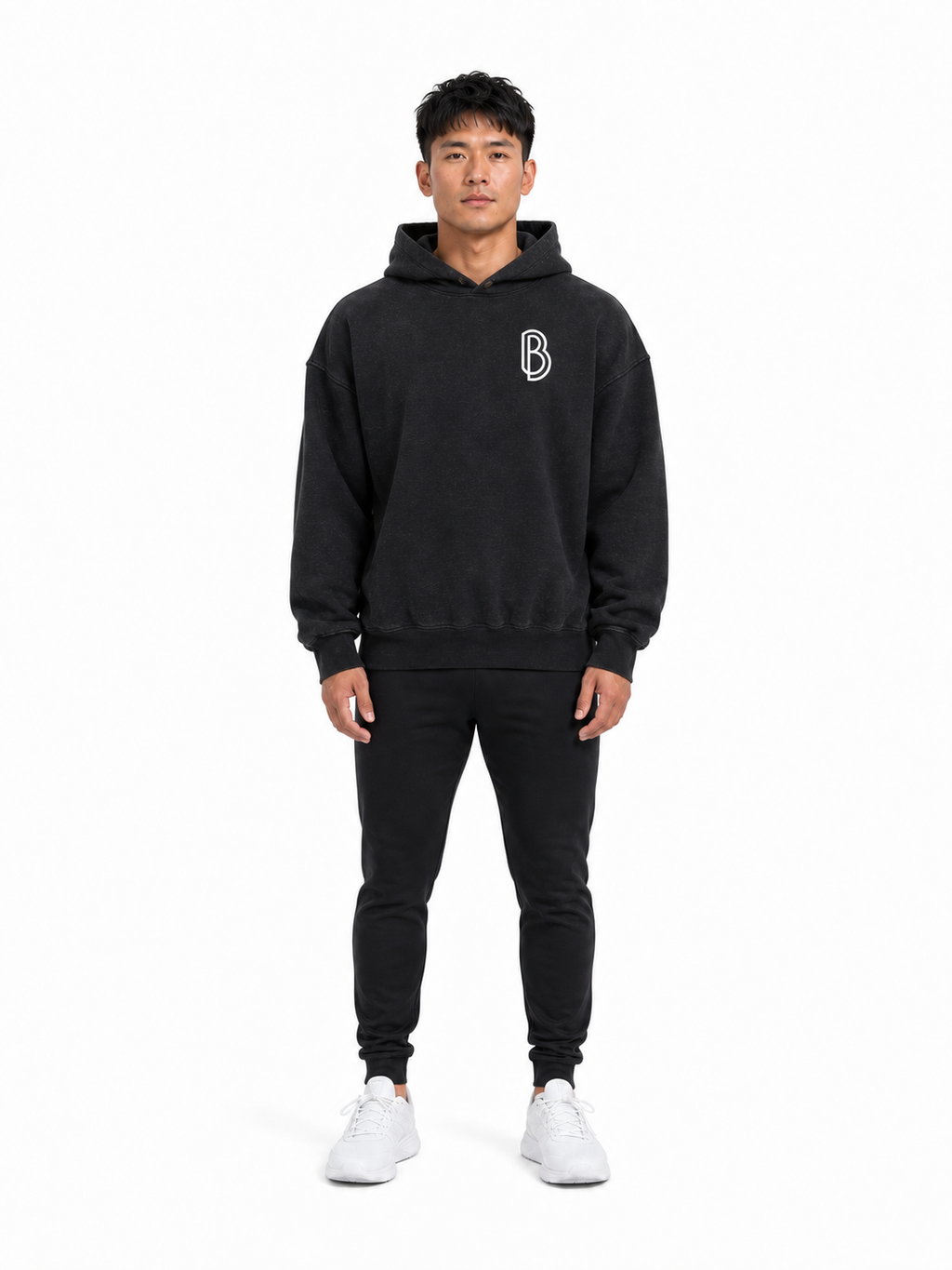 Frayed Enzyme Washed Fleece Hoodie front model view
