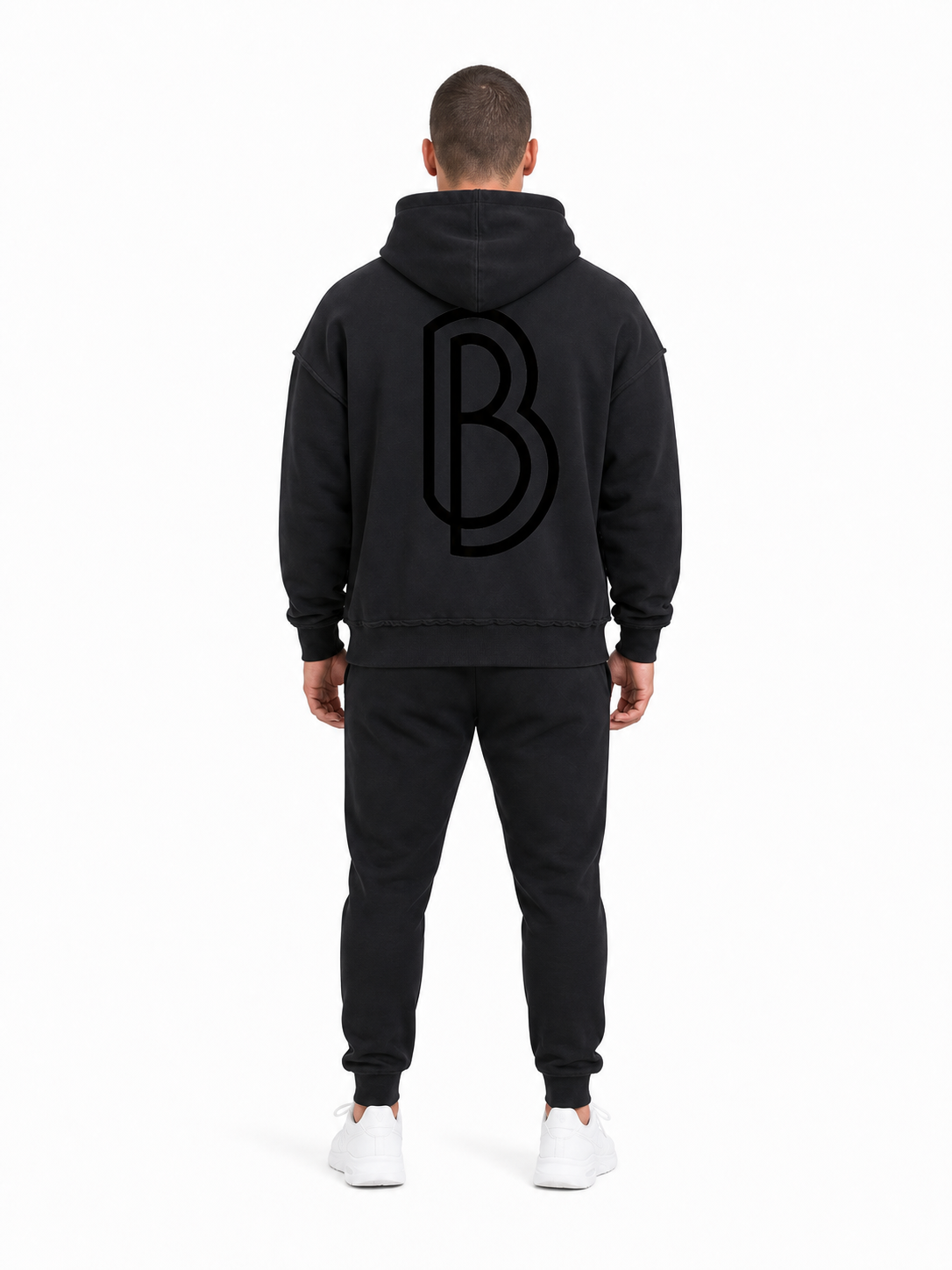 Snow Washed Raw Edge Double Layered Hoodie back model view