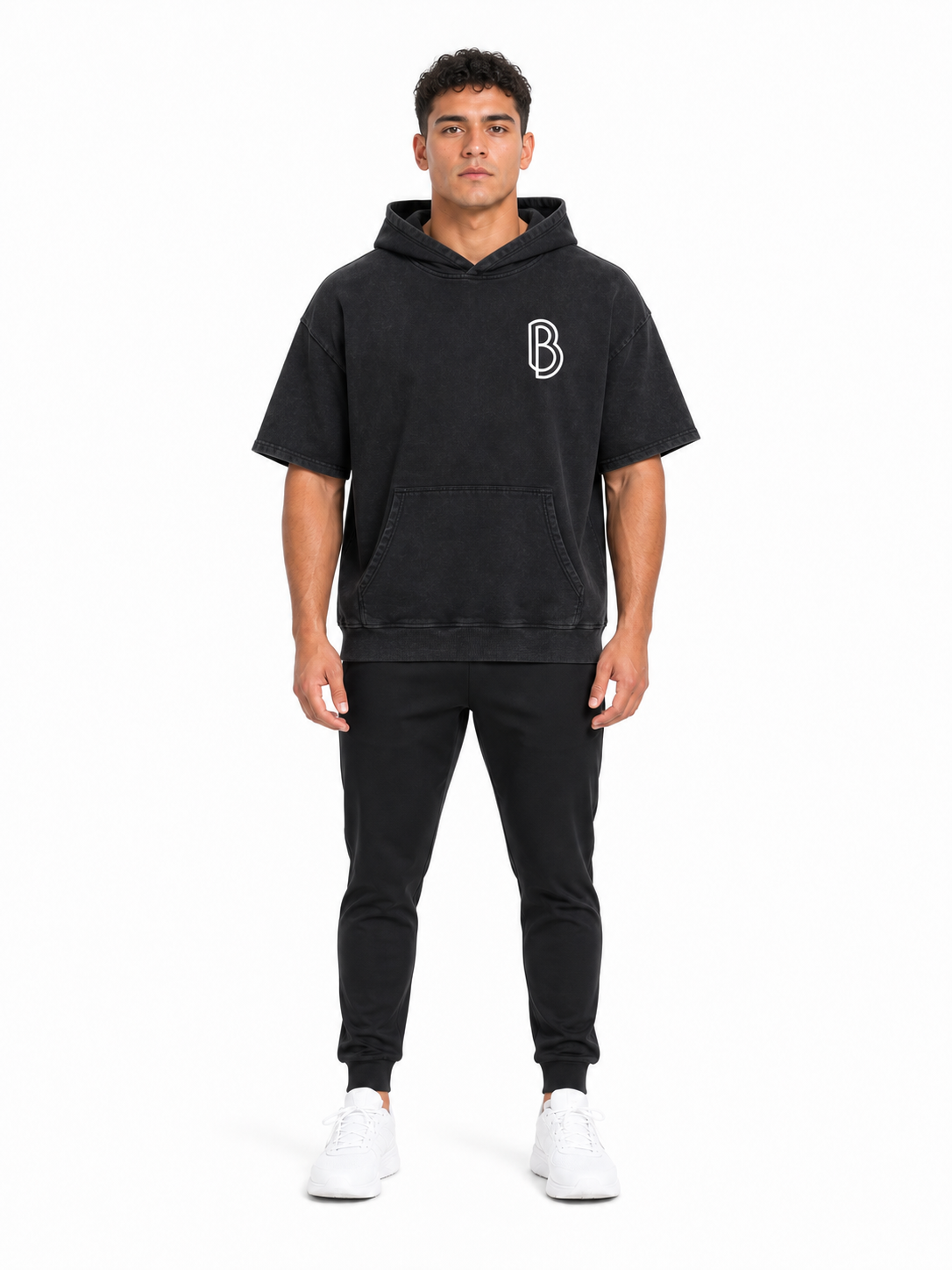 Unisex Mineral Wash Short Sleeve Hoodie front model view