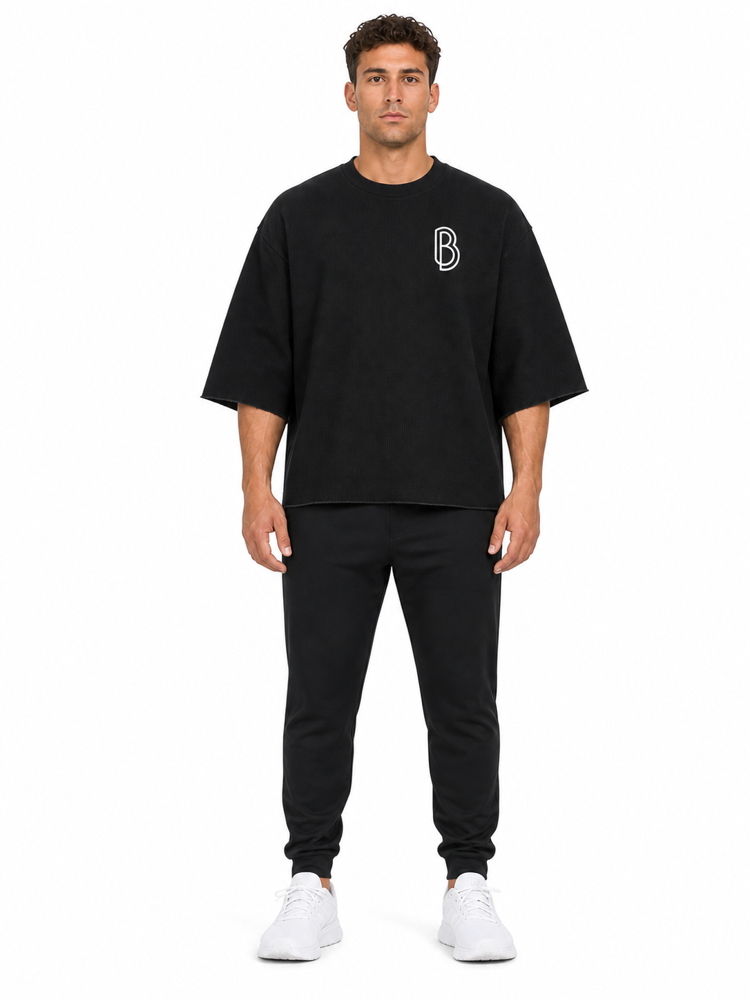 Unisex Waffle Raw Edge T-Shirt front model view