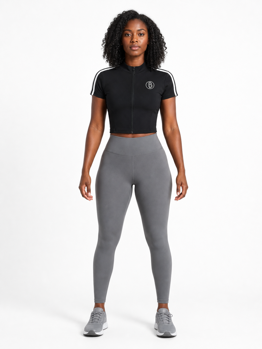 Women's Cropped Full Zip Short Sleeve T-Shirt front model view
