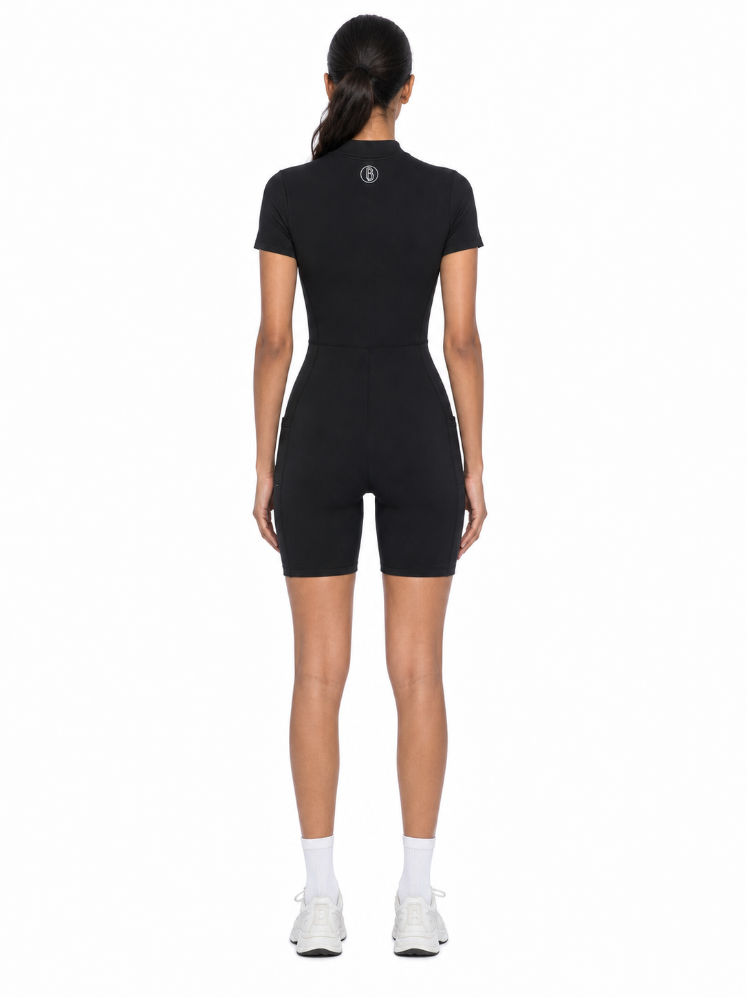 Women's Quarter-Zip Short Sleeve Romper back model view