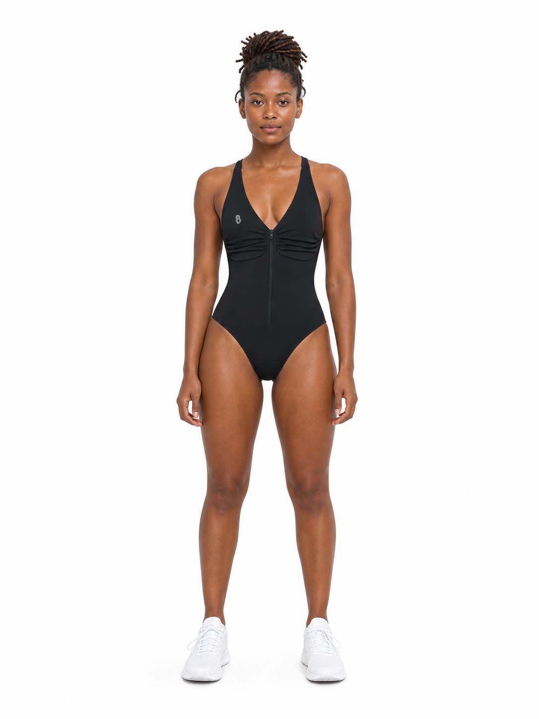 Women’s Full-Zip Ruched Bodysuit front model view