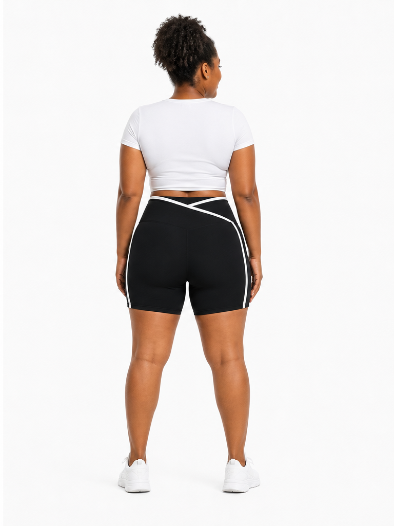 Women’s High Rise Color Block Yoga Shorts back model view