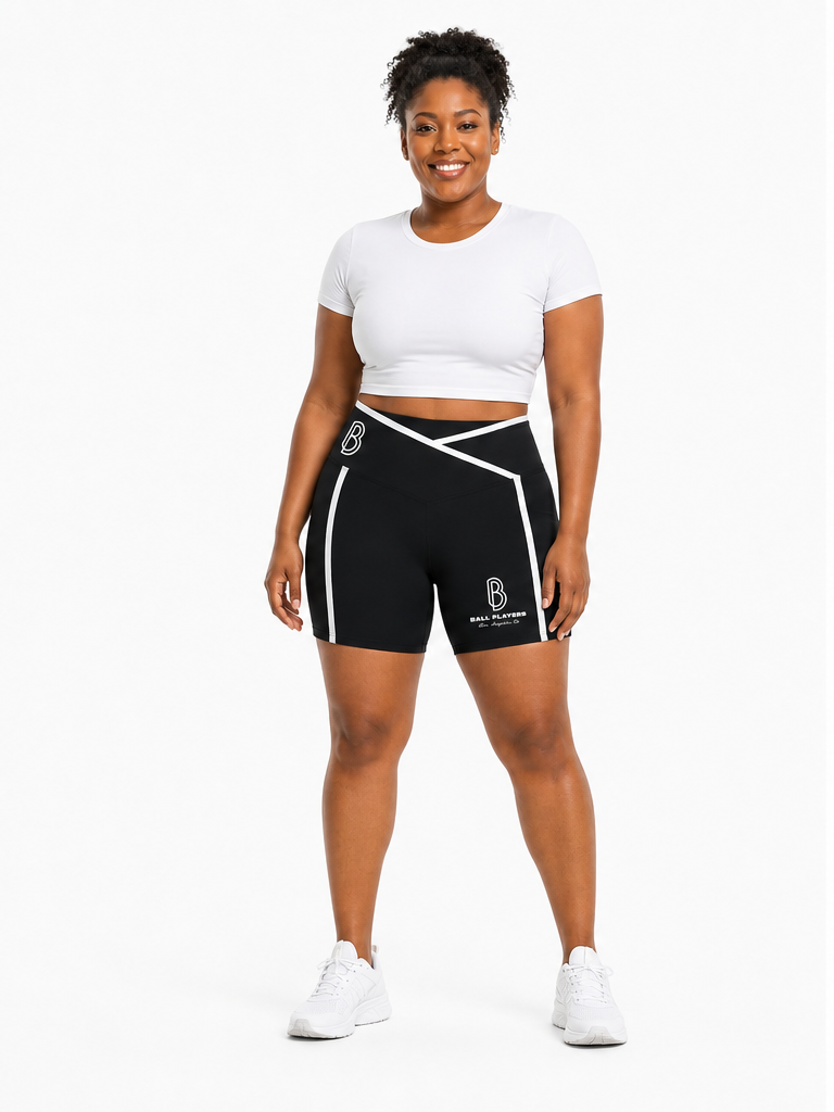 Women’s High Rise Color Block Yoga Shorts front model view