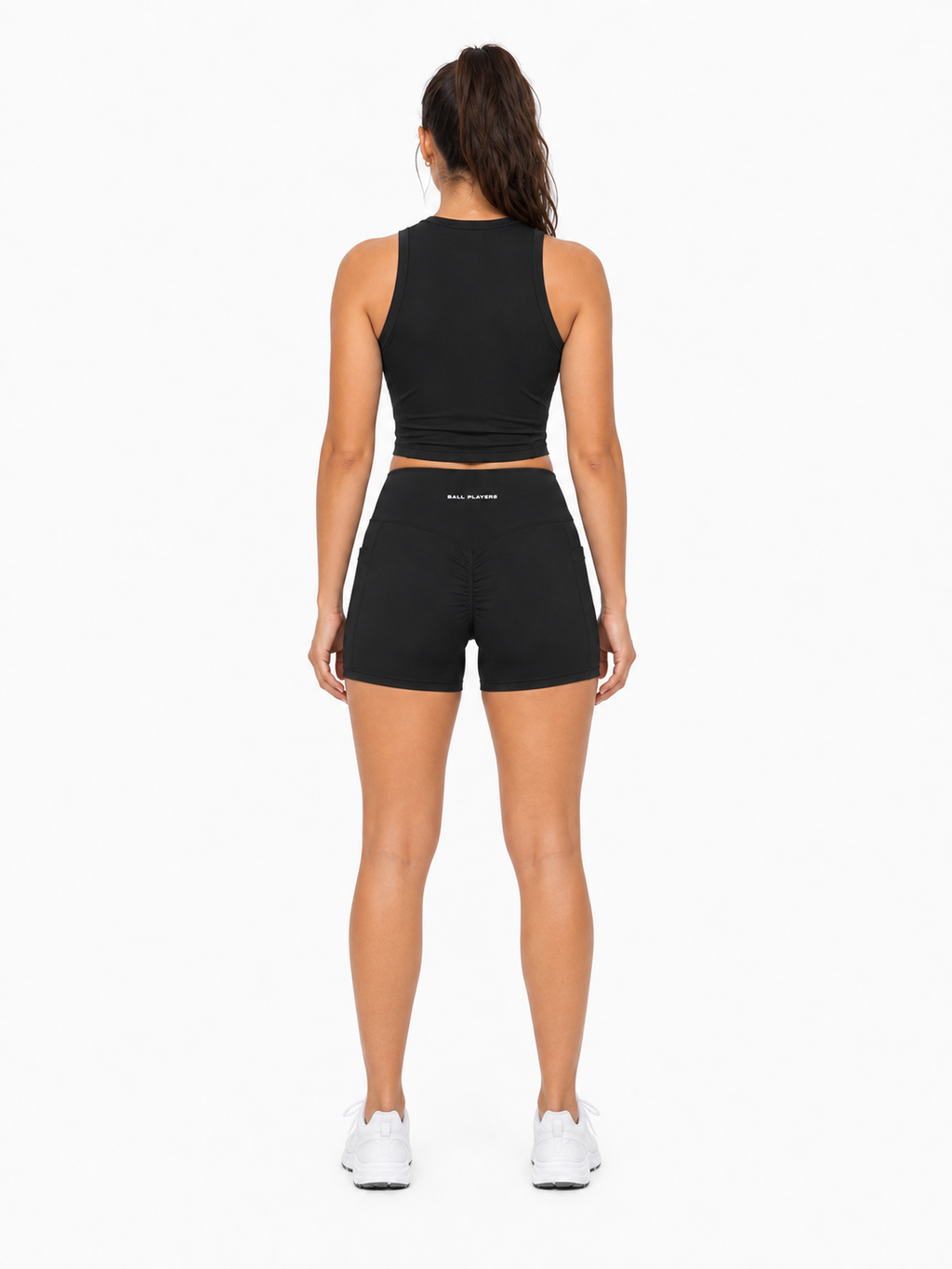Women’s High Rise Pocket Yoga Shorts back model view