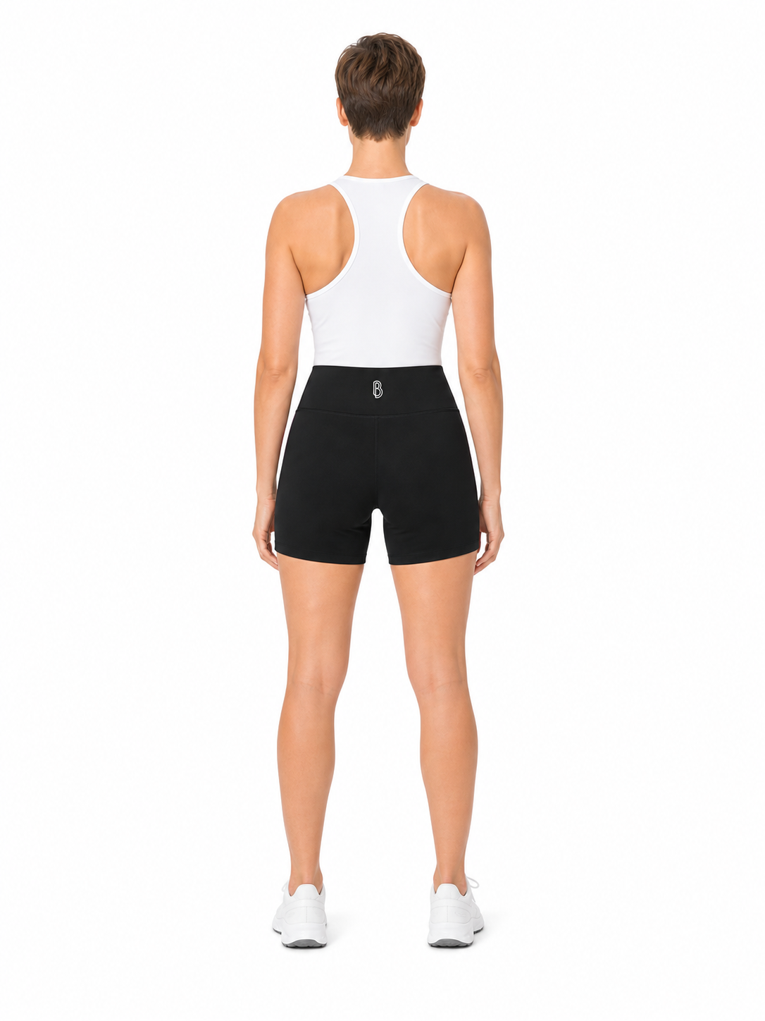 Women’s High Rise Tight Yoga Shorts back model view