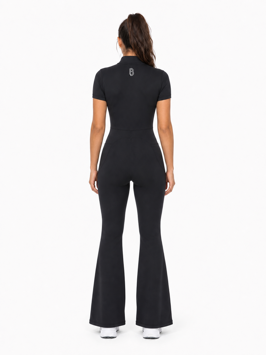Women’s Tight Flared Leg Quarter-Zip Jumpsuit back model view